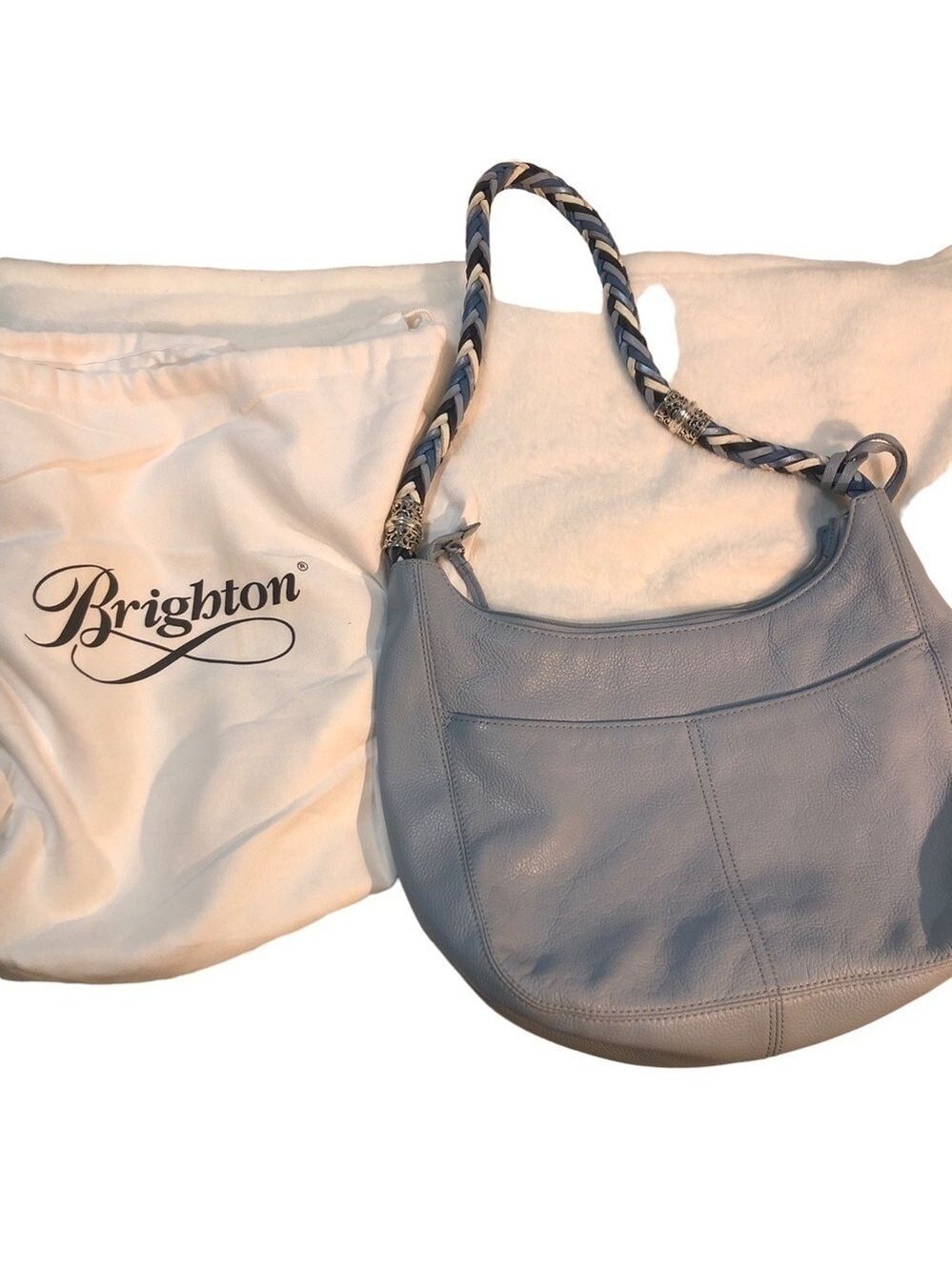 Leather Brighton Baby Blue Barbados Zip Tote Hobo w/ Silver Charm, Braided Strap
